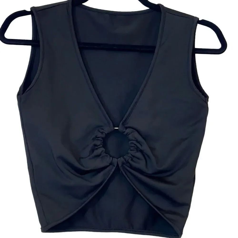 Garage Sleeveless Ring Linked Plunge V-Neck Cropped Tank Top Black Large